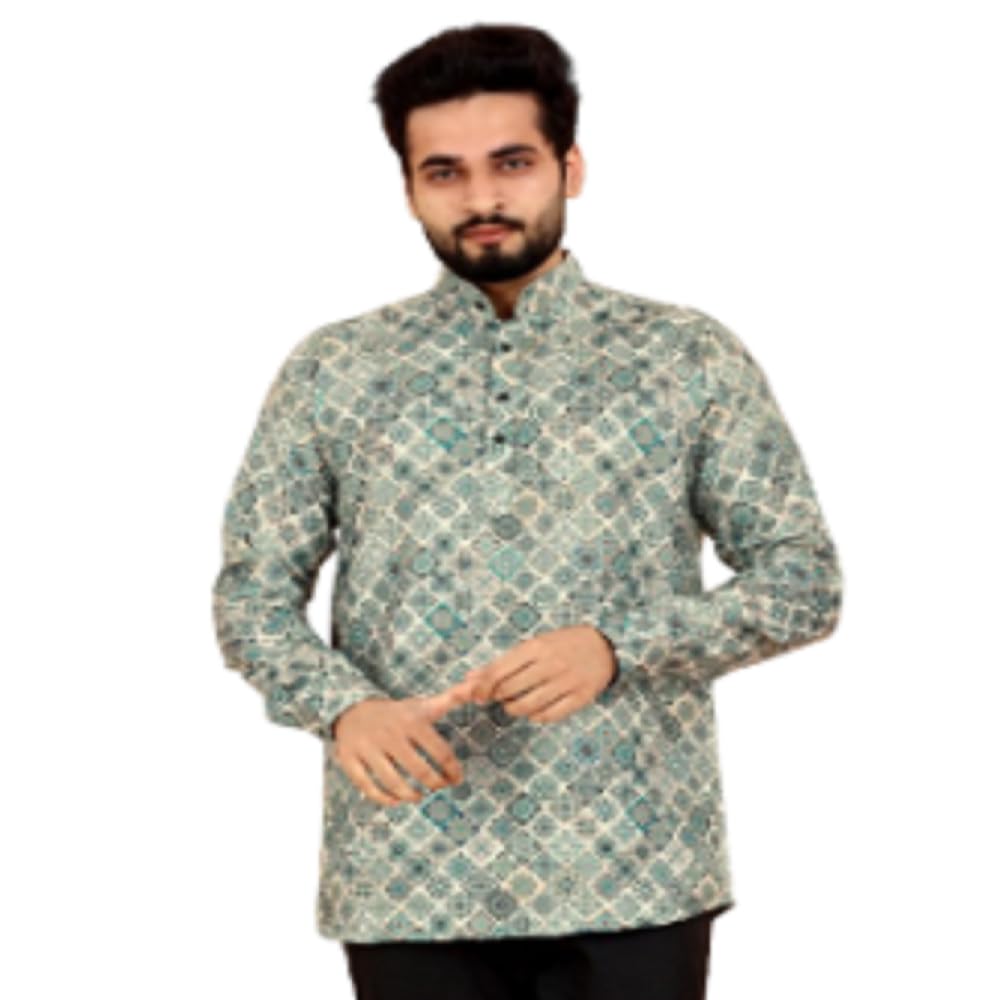 Men's Cotton Rajasthani Print Short Kurta Regular Fit Men Printed Cotton Kurtas-picture-23