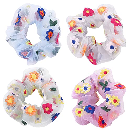 AMOR SPES 4 Pack Pineapple Hair Scrunchies Set Cute Printing Elastic Tie Summer Hair Accessories Hair Tie For Women Girls (A) (D)