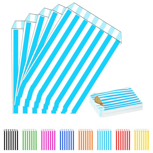 MORAINJAY 100 Piezas Bolsa Bocadillo Azul Claro Raya,13x18cm Bolsa Papel Chuches,Bolsas Palomitas para Niños,Bolsas de Regalos Pequeñas para Fiestas Cumpleaños Candy Bar Bodas