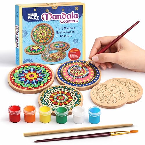 Image of Mind Pilot DIY Mandala Coaster Painting Kit - 4 Pre-Marked MDF Coasters with 6 Paints, Brush, Dotting Tool & Palette | Art & Craft Activity for Kids, Teens & Adults | Birthday & Return Gift Set