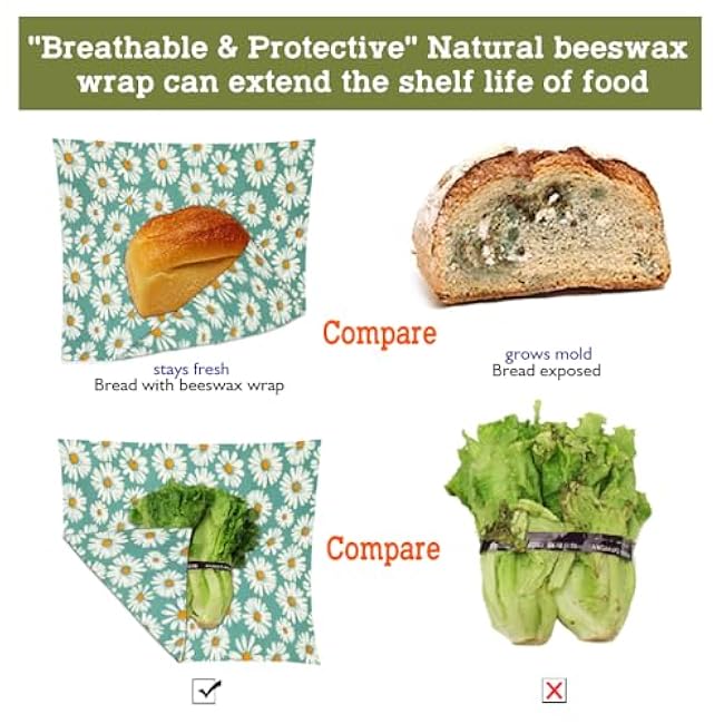 Beeswax Wraps for food 3-Pack, bee wraps reusable with Multi-function brush, Eco-Friendly to Wrap Fruits & Bread,sandwich Wraps (S,M,L) with Daisy Design