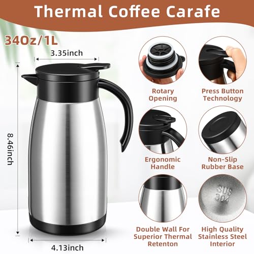 Image of Norme 2 Pcs Thermal Coffee Carafe Insulated Stainless Steel Coffee Carafe for Hot Liquid Vacuum Thermal Pot Creamer Pitcher Dispenser with Brushes Keeping Hot Water Milk (Silver,34 oz)