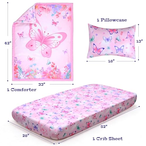 Image of JISEN 3 Piece Crib Bedding Set Soft Baby Butterfly Crib Comforter Set with Comforter, Sheet, Pillowcase - Nursery Bedding for Boys or Girls Pink