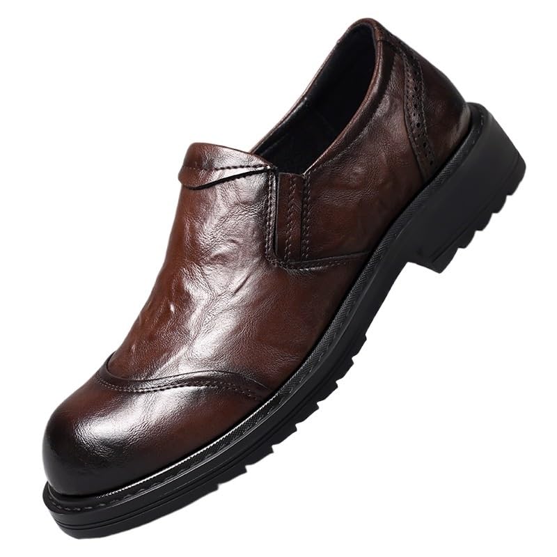 Mens British Leather Platform Shoes Round Toe Casual Fashion Work Shoes Comfortable Slip Resistant