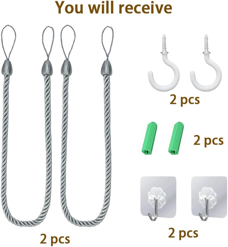2 Pack Rope Curtain Tiebacks, Braided Curtain Tiebacks with Metal Screw & Adhesive Hooks, Decorative Curtain Ties for Drapes, Curtain Holdbacks for Living Room Bedroom Decor, Gray