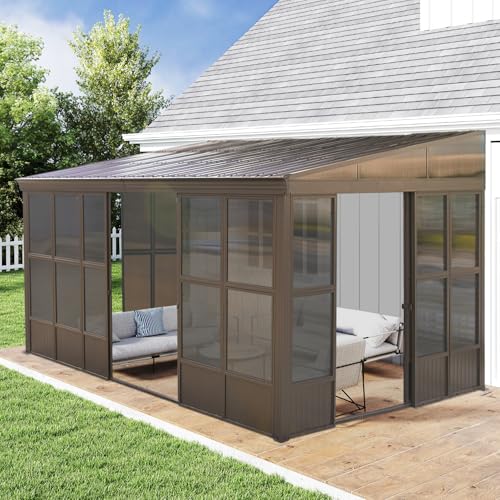 Domi 12x16FT Wall Mounted Sunroom,Solarium Aluminum Enclosed Gazebo with Hard Walls,Front Door&Side Entrance,Galvanized Steel Sloping Roof&Detachable PC Screen,Lean to Gazebo Sun Room for Patio Deck