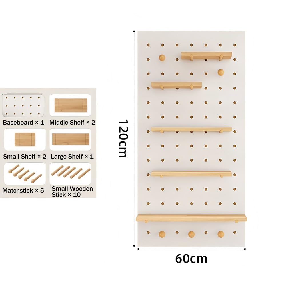 Kit de combinación de tablero de clavijas montado en la pared con estante, tablero de madera maciza de 16 mm de grosor para organización de talleres, oficina en casa, manualidades, almacenamiento