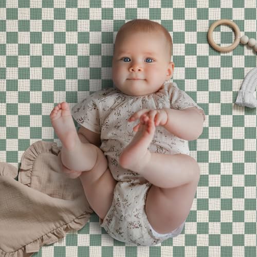 Image of Blissful Diary Muslin Mini Crib Sheets, Pack and Play Mattress Sheets Fitted for Pack N Play, Soft Cotton for Boys Girls, 2 Pack(Sage Checkboard & Sage Green)