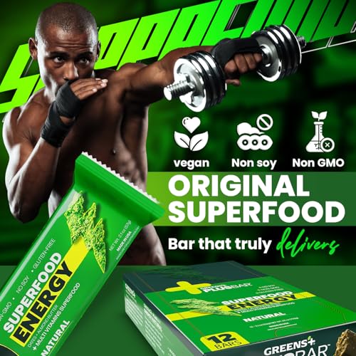 Greens+ Plusbar Energy, Natural, Gluten-Free Snack with Super Greens, Superfoods & Almond Butter, Vegan, Dairy-Free, Non-GMO, 10g Protein Meal Replacement, 12 Pack