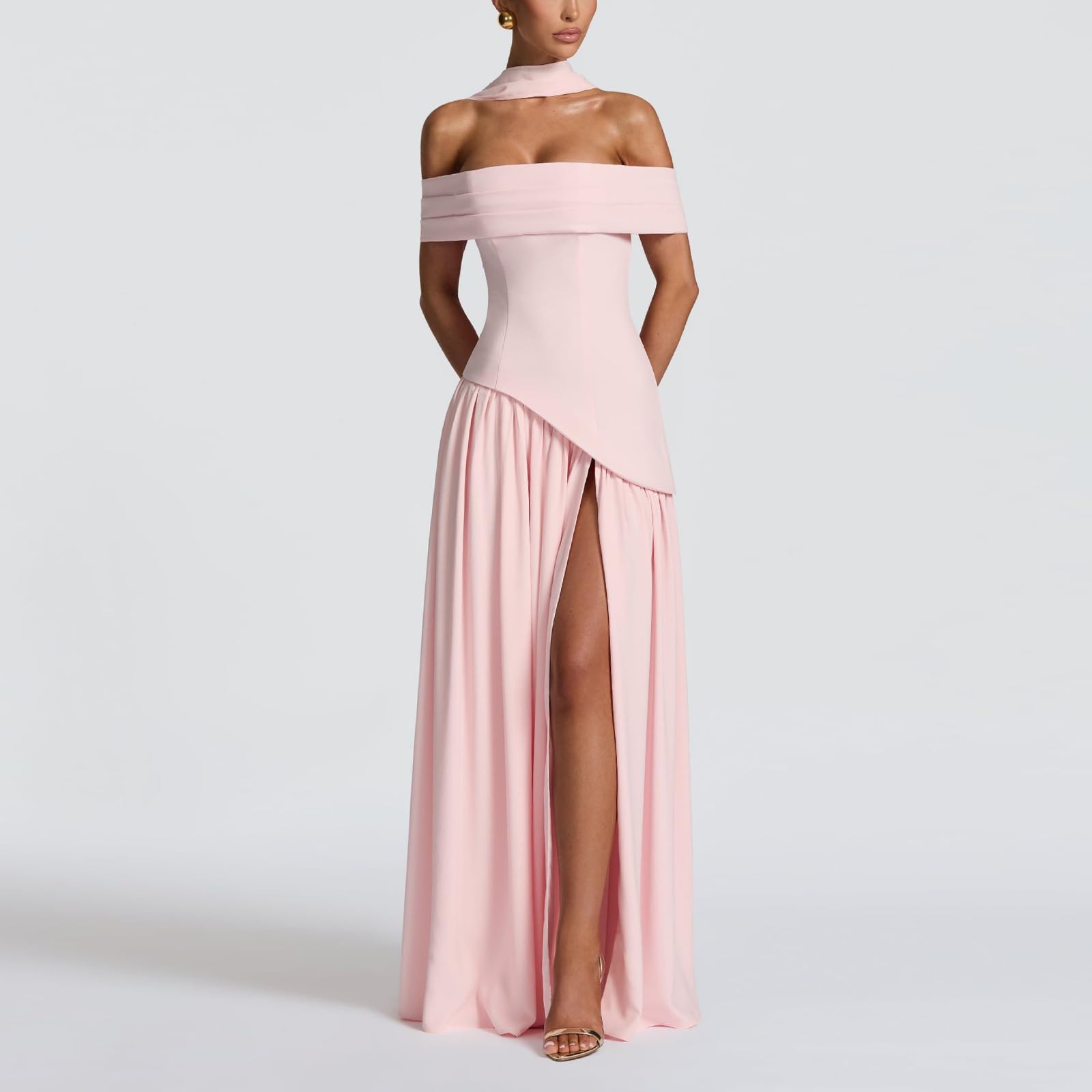 Vestido Largo para Mujer Elegante Vestidos de Fiesta Hombros Descubiertos Sexy Maxi Vestido sin Espalda con Abertura Vestidos Formal de Noche Ajustado con Bufanda para Ceremonia Boda