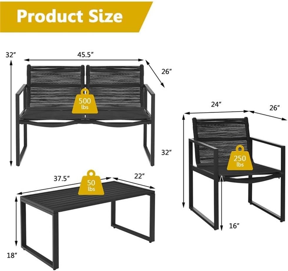 Pemberly Row 4-Piece Patio Furniture Set, Steel Frame and Braided Polyester Rope, Black, Includes Loveseat, 2 Single Sofas, Coffee Table, Weather-Resistant Design for Garden, Deck, Porch or Outdoor