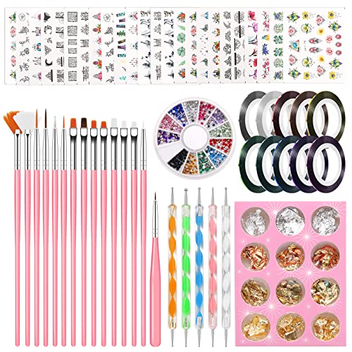 Pinkiou Juego de decoración para uñas, kit de diseño de uñas con 24 hojas de pegatinas para uñas, 20 pinceles y bolígrafos para uñas, 10 rollos de cinta para uñas y diamantes de imitación