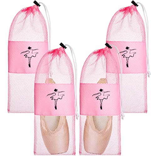 Shappy 4 Pcs Ballet Shoes Bag Pink Mesh Pointe Shoe Storage Ballet Dance Drawstring Pouch for Women Girls
