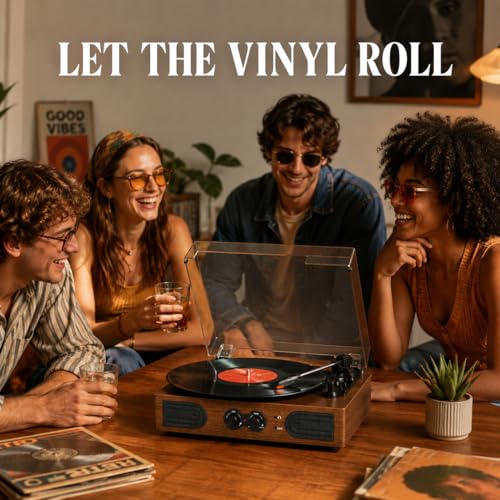 Image of Vinyl Record Player with Built-in Stereo Speakers Vintage 3-Speed Belt-Driven Turntable with Bass /Treble Control, Headphone Jack, RCA & AUX Outputs, Walnut
