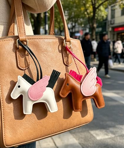 Image of NHCDFA 2PCS Bag Charms for Women, Horse Keychain Bag Accessories, Adorable Handbag Decorations for Tote Bags and School Bags, Brown-Pink and White-Pink Combinations