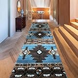 YHSF South West Native American Area Rug C318 - Easy Clean, Thick, Soft, Durable Native Tribal American Indian Inspired Rug for Bedroom/Living Room and More - Blue-Brown, 2 Feet x 7 Feet