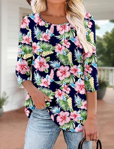 KISSMODA Tunic Tops for Women Loose Fit Dressy Round Neck Pleated 3/4 Length Sleeve Spring Tops