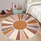 Topotdor Boho Round Area Rug 4ft Sun Rainbow Nursery Rugs for Kids Room, Washable Ultra Soft Circle Area Rug with Pom Poms, Non-Slip Accent Throw Rugs for Bedroom Entryway Living Room Decor