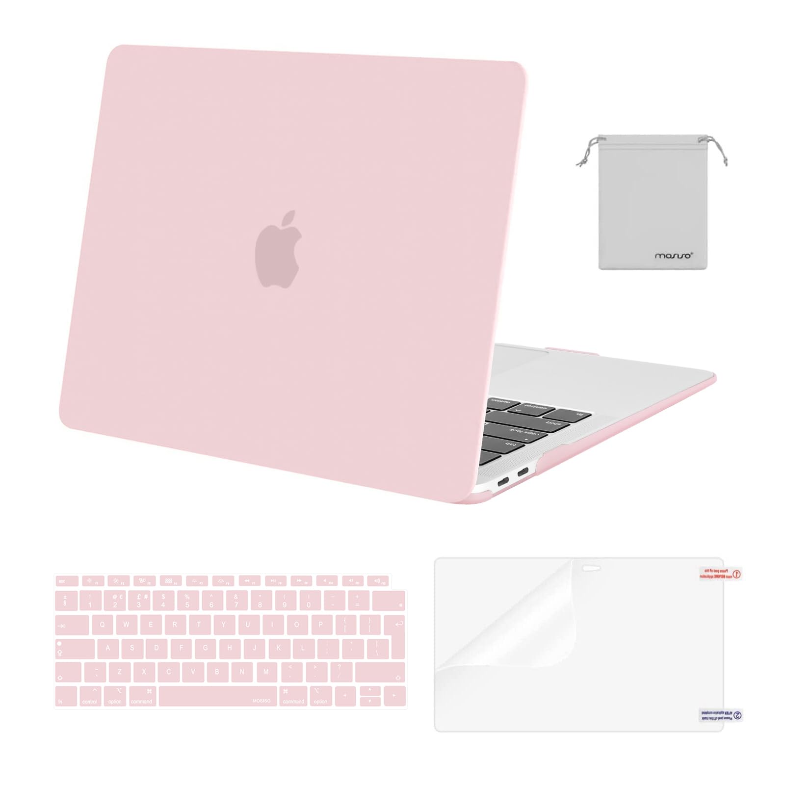 MOSISO Coque MacBook Air 13 Pouces M1 A2337 A2179 A1932 Rigide Housse Clavier Film Écran Sac Rangement Quartz Rose