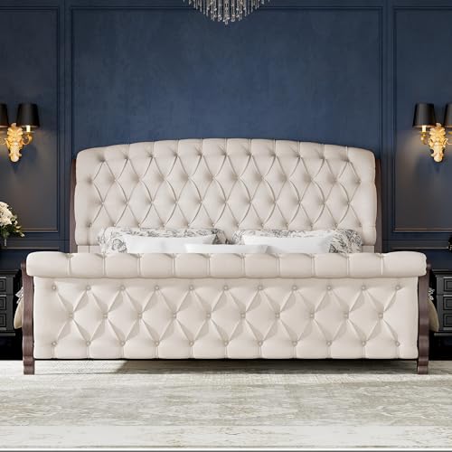 Image of AMERLIFE Upholstered Queen Bed Frame, 53 inch Tall Sleigh Bed with Button Tufted Chenille Headboard and Footboard, Platform Bed with Carved Solid Wood Legs, No Box Spring Needed, Cream