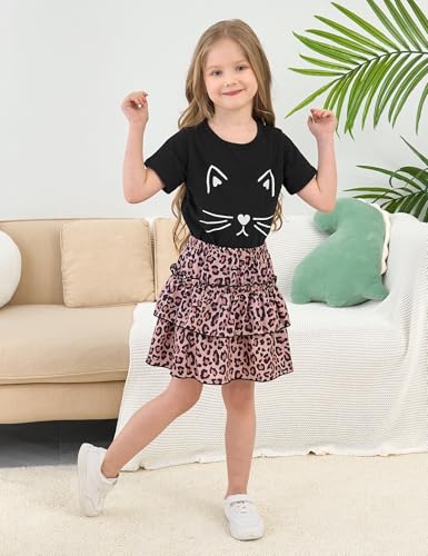 Image of Little Girls Skirt Set - 2 Piece Short Sleeve Top Shirred Tiered Skirt Outfit Girls Spring Summer Clothes 3-8 Years