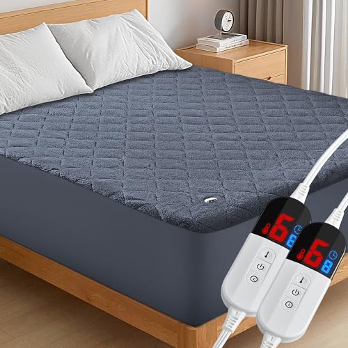 bedsmile Heated Mattress Pad King Size with Dual Control - Sherpa Quilted Electric Mattress Pad Cover - Auto Shut Off Bed Warmer with Deep Pocket, Fast Heating, Machine Washable, Gray