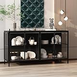 TAMUNE Sideboard Display Cabinet with Lights & 4 Glass Doors, Buffet Sideboard with Glass Shelf, Buffet Storage Cabinet for Living Room Kitchen, Black, 15.7”D x 55.1”W x 29.5”H