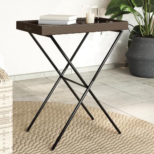 Tidyard Mesa Jardin,Mesa Jardin Exterior,Mesa de Centro,Mesa de Terraza,Mesa Auxiliar,Mesa con Bandeja Plegable ratán sintético marrón 65x40x75 cm