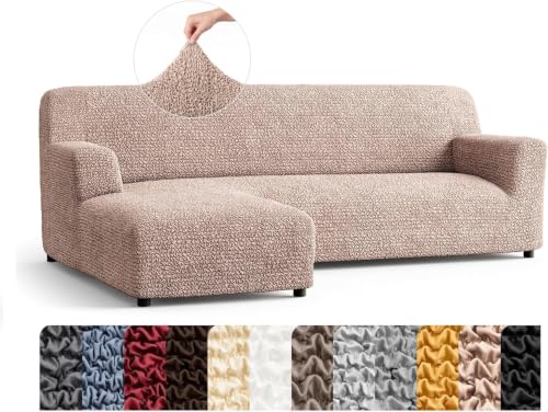 Image of Bellissima Sofa Covers - Premium Luxury Microfibra Plain Stretchable L Shape Left Sofa Cover Fully Covered Slipcover, Imported from Italy (Champagne)