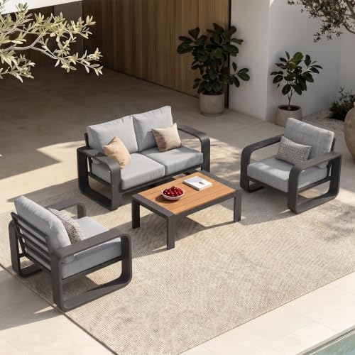 Image of Oversized Aluminum Outdoor Furniture Set, Extra Large Patio Furniture Sofa Set 4.8 inch Widened Armrest & Ultra-Thick Cushions, 4 Pcs Modern Patio Sectional for Backyard, Deck, Gray