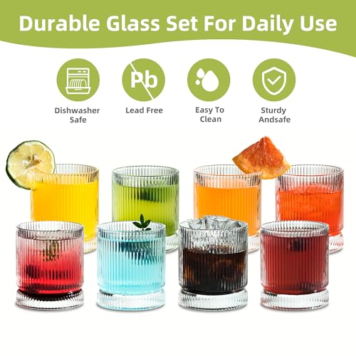 KEMORELA Ribbed Glassware Drinking Glasses - Set of 8 Vintage Cute Glass Cups - Ripple Rluted Aesthetic Drinkware, 8oz Old Fashioned Glass, Origami Style Cocktail Glasses for Coffee Drink Beer (8PCS) - Image 3