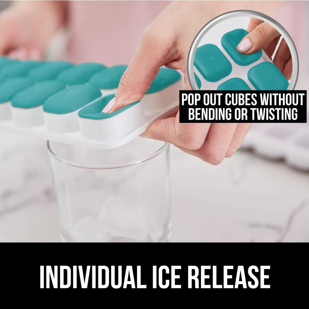 Gorilla Grip Easy Release Flexible Silicone Ice Cube Trays, Spill Proof Lid Cover, Makes 14 Ice Cubes Each, Stackable in Freezer, No Water Spills, Great for Iced Coffee and Cocktail, 2 Pack, Turquoise