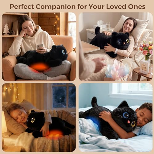 Image of Mewaii Weighted Stuffed Animals 5 lbs Adjustable, Heated & Coolable 23 Inch Plush for Realistic Hug, Microwavable Removable Inner Pad, Cat Gifts for Adults & Kids (Black)