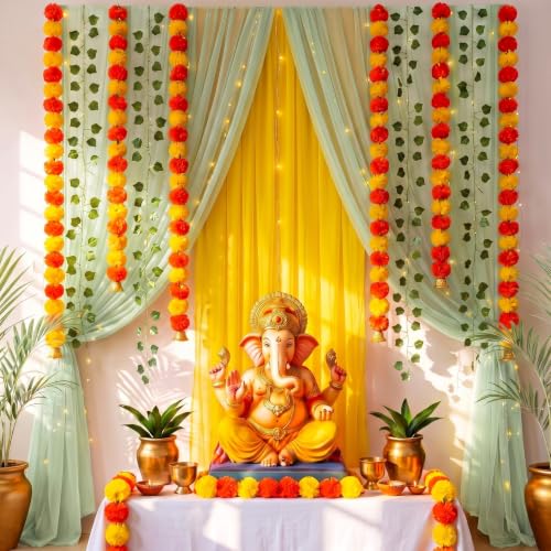 Irenare Indian Pooja Backdrop Navratri Decor, Green and Yellow, Indian by Irenare - Used condition - US$32.54