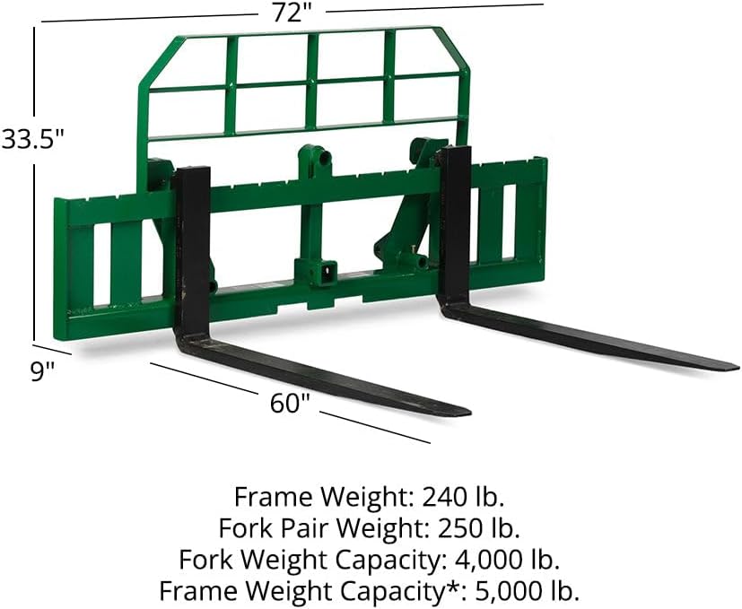 Titan Attachments 72" Pro Series Global Euro Extra Wide Pallet Fork Frame, 60" Fork Blades, Fits Global Euro Hookups, Rated 5000 LB, Conus 2 Hay Spear Sleeves and 2" Receiver Hitch Included