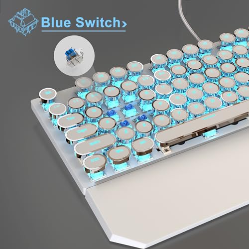 MageGee Typewriter Mechanical Gaming Keyboard, Retro Punk White Round Keycaps, 104 Keys LED Blue Backlit Wired Keyboards for Laptop MAC PC Gamer, with Magnetic Wrist Rest, Blue Switch