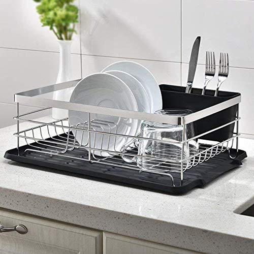 Popity Home Dish Drying Rack, 3 Piece Sturdy Kitchen Sink Side Draining Kitchen Counter Top Chrome Dish Drying Rack,Dish Rack And Drainboard Set With Black Utensil Holder #TOP5
