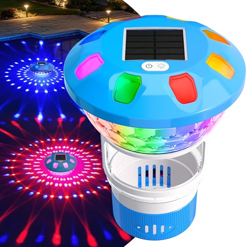 LanSuper 2026 Upgrade Pool Chlorine Floater Solar Chlorine Floater with Colorful Light Button Control Floating Chlorine Dispenser for Pool Adjustable Flow Chlorine Floater Pool Chlorinator-Blue