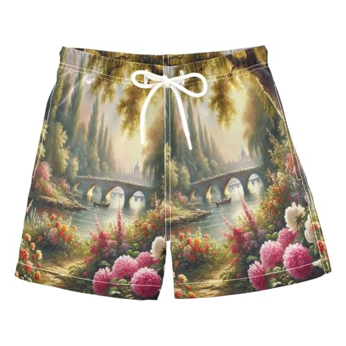 River Flower Romantic Boys Swim Trunks Quick Dry Toddler Swimsuit Boy Bathing Suits Swimwear Board Shorts L