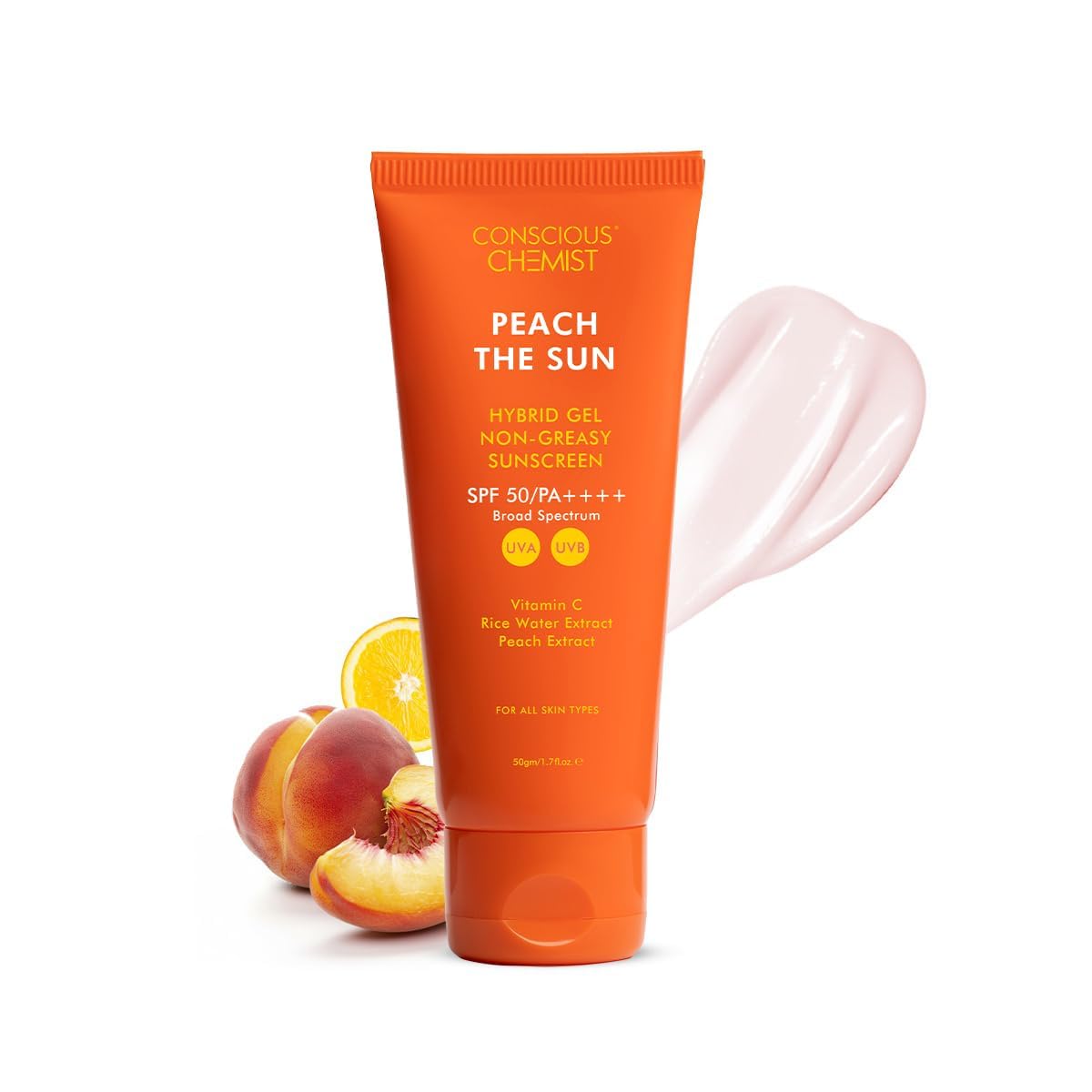Generic Conscious Chemist Sunscreen SPF 50 PA++++ | 50g | Gel Sunscreen for Oily Skin, Vitamin C with Rice Water & Peach Extract, Hybrid Lightweight, All Skin Type - Peach The Sun
