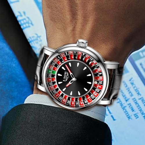 Image of LIGE Mens Roulette Wheel Watches Casino Themed Quartz Analog Watch 3ATM Waterproof Glowing Man Wrist Watches