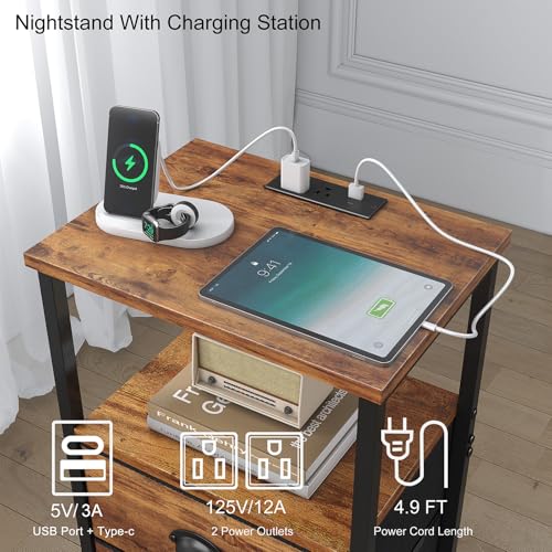 Image of Sthmec Industrial Nightstand, 11.38''D * 15.38''W* 24.75''H, Rustic Brown, 2 Drawers, LED, Charger Station