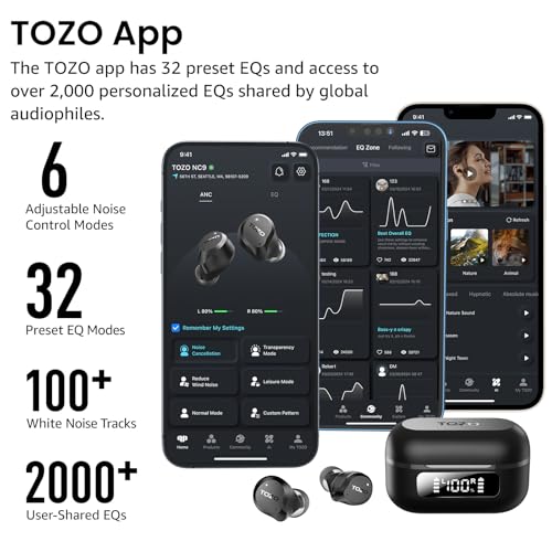 TOZO NC9 Hybrid Active Noise Cancelling Wireless Earbuds, 6 Mics ENC Clear Call, IPX8 Waterproof, in Ear Bluetooth 5.3 Headphones Stereo Bass Ear Buds 60H Playtime with LED Display 32 EQs via APP