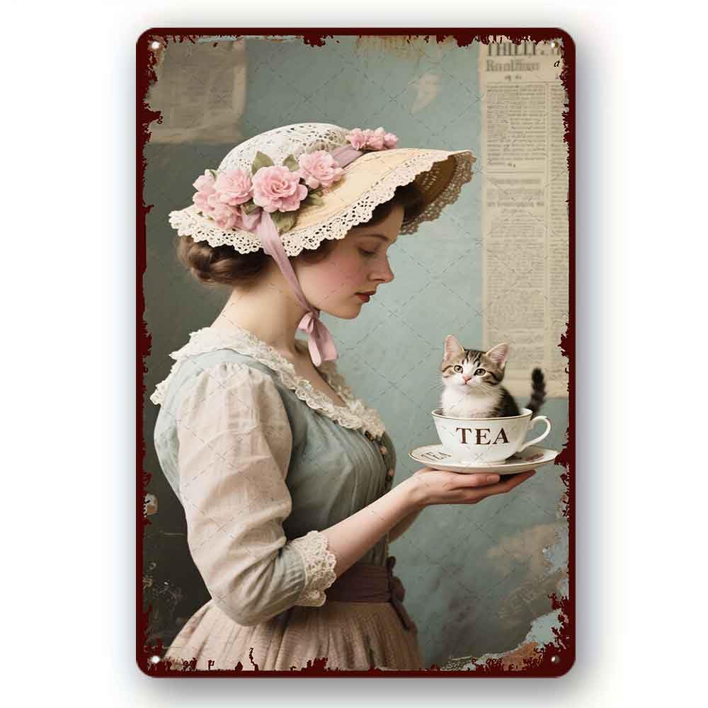 peiyeety Funny Metal Tin Sign Life Is Better With Cats And Tea Girl Vintage Metal Sign For Home Outdoor Indoor Office Bar Yard Decor 8x12 Inch
