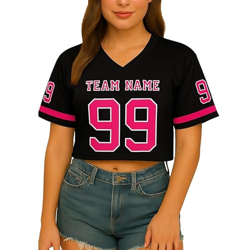 Custom Football Jersey Crop Tops for Women Personalized Girls Plain Colored Streetwear with Name Number Black Pink