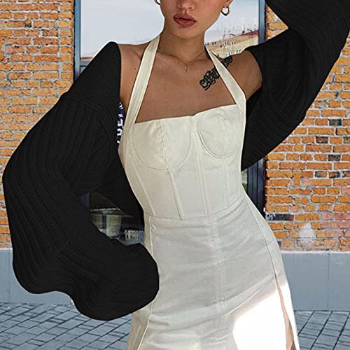 Image of High Collar Long Puff Sleeve Sweater Knitwear Solid Color Pullover Crop Top Ultra Short Turtleneck Sweatshirt