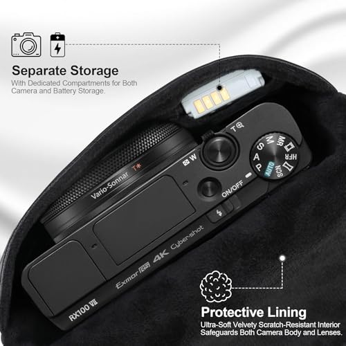 Image of Lacdo Camera Case Bag for Sony RX100 VII / RX100 VI / RX100 V /RX100 IV /RX100 III Digital Camera, Soft Leather Protective Camera Travel Pouch Sleeve, Compact Sony RX100 Camera Bag with Wrist Strap, Black