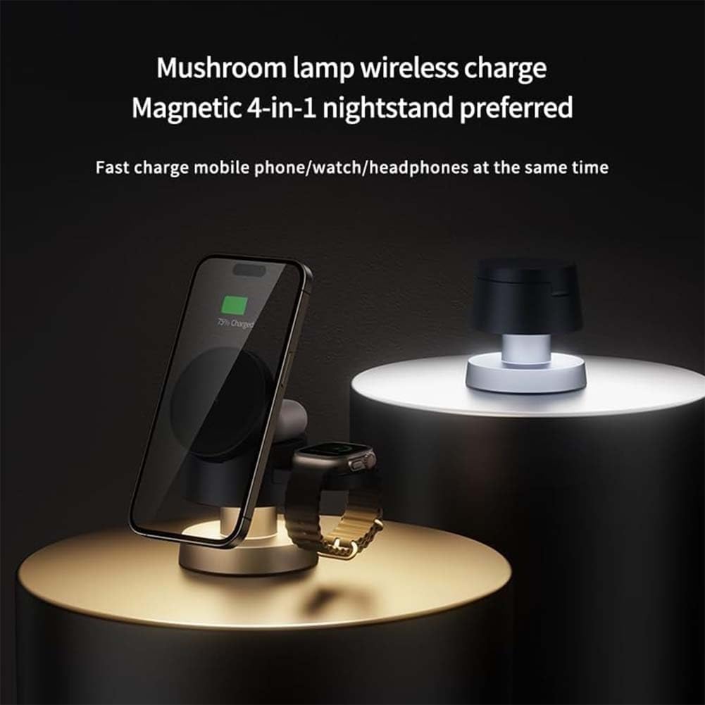 Chargeur sans Fil Magnétique 4 en 1, Chargeur sans Fil 4 en 1 Veilleuse Champignon, Chargement De Téléphone sans Fil avec Veilleuse, pour Montres, pour écouteurs, Black, 2PCS