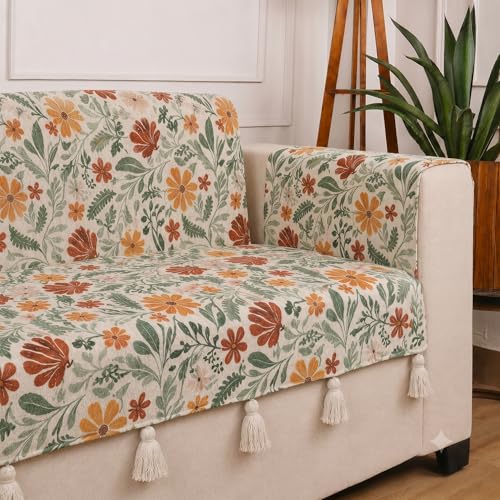 Image of STITCHNEST 'Eden Weaves Collection Series' 3 Seater Sofa Cover | Full Coverage with Armrest Pockets | Elegant Woven Fabric, Decorative Tassels, Washable & Durable for Modern Living
