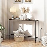 1 Pack Narrow Console Sofa Table with Power Outlets, 39'' Long Behind Couch Table Skinny with Charing Station and Metal Frame, Thin Entryway Table for Living Room, Hallway, Foyer, Plant, Rustic Brown